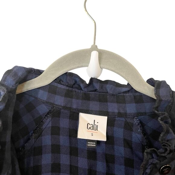 CABI Aberdeen Navy Black Plaid Button Up Shirt Ruffled Long Sleeve Women's Small - Picture 6 of 7